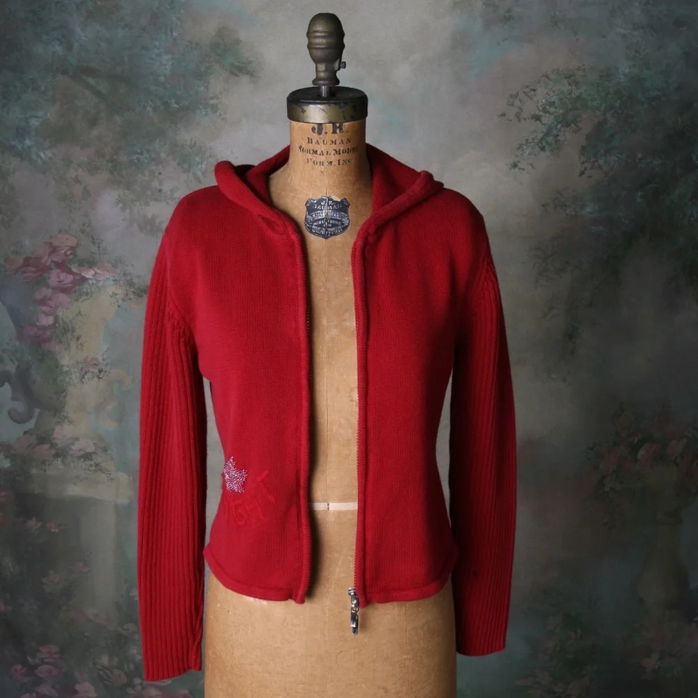 Like, Love Red Hooded Dbl Zip Sweater w/Star Sz Lg - Picture 6 of 8
